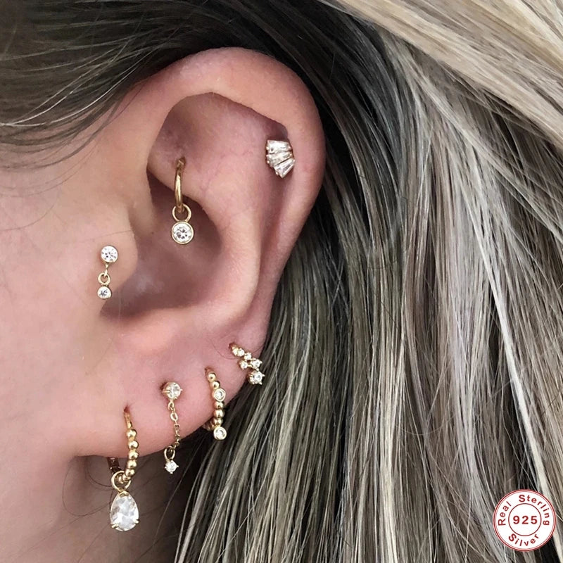 Piercing Aretes Earlobe Buckle 925 Sterling Silver White Zircon Cartilage Stud Earrings for Woman Girl Pendientes Mujer Jewerly