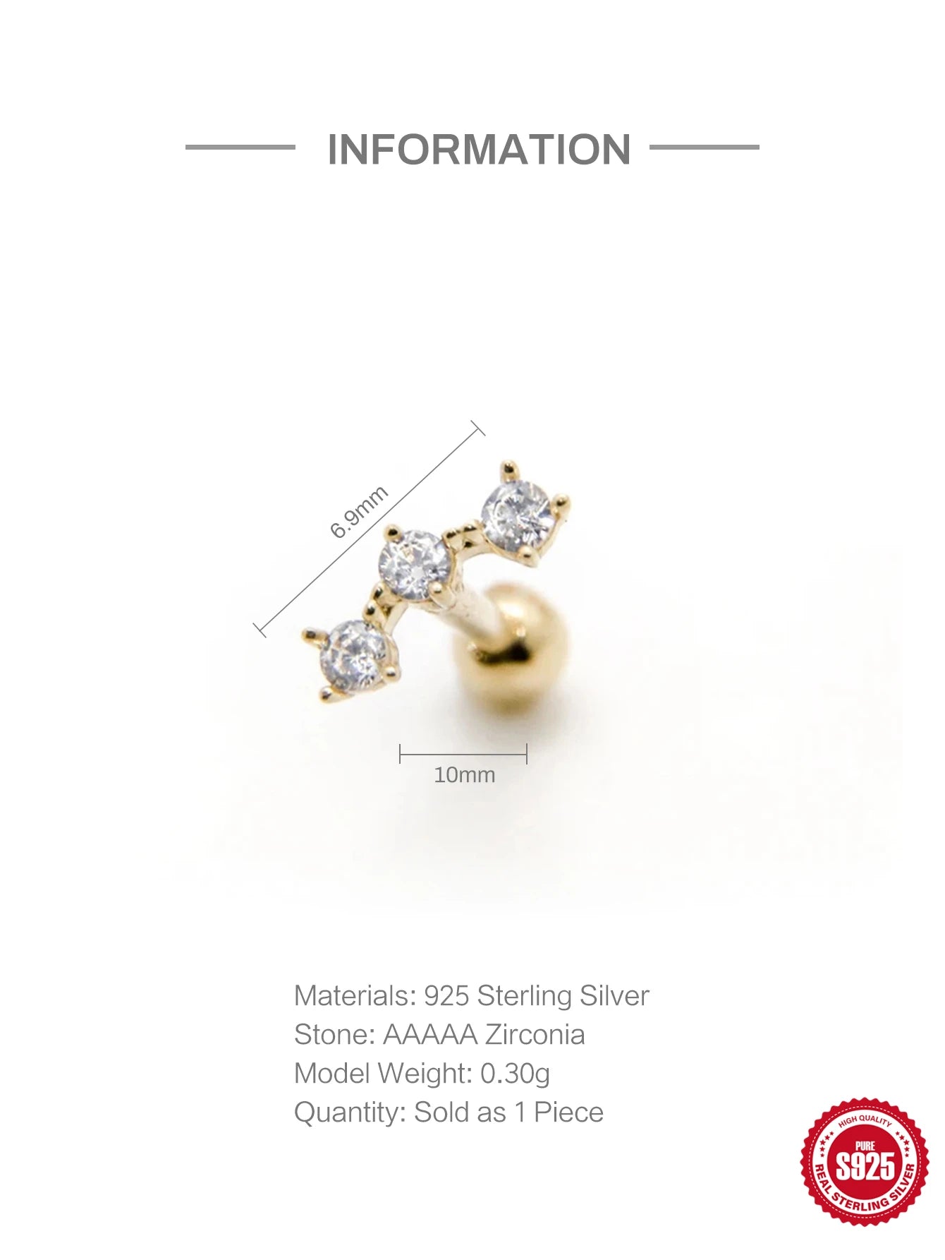 Piercing Aretes Earlobe Buckle 925 Sterling Silver White Zircon Cartilage Stud Earrings for Woman Girl Pendientes Mujer Jewerly