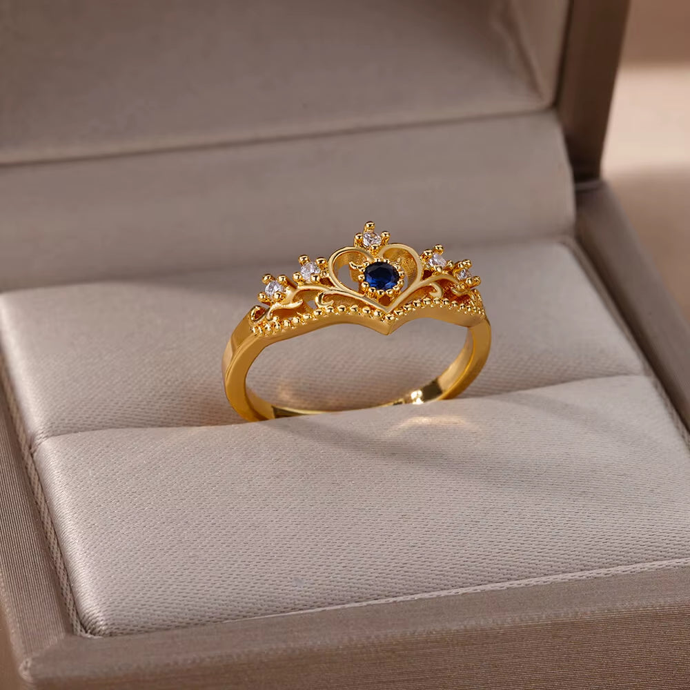 Blue Zircon Crown Rings for Women Stainless Steel Gold Color Adjustable Crown Ring 2025 Trend Design Female Wedding Jewerly Gift