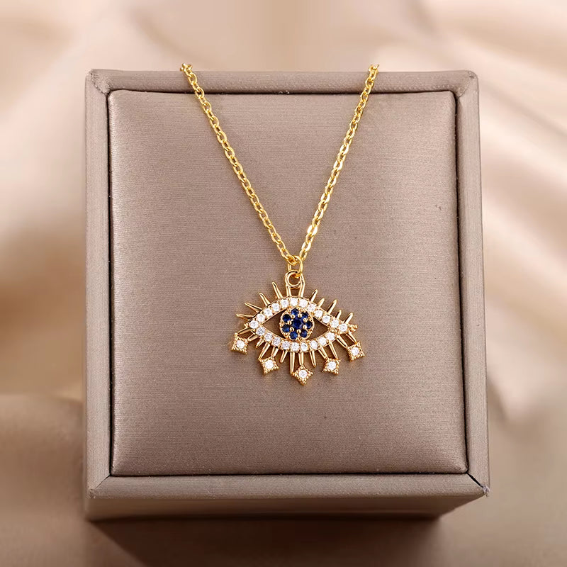 Turkish Evil Eye Pendant Necklace for Women Gold Color Stainless Steel Necklaces 2024 Trending Choker Lucky Aesthetic Jewelry