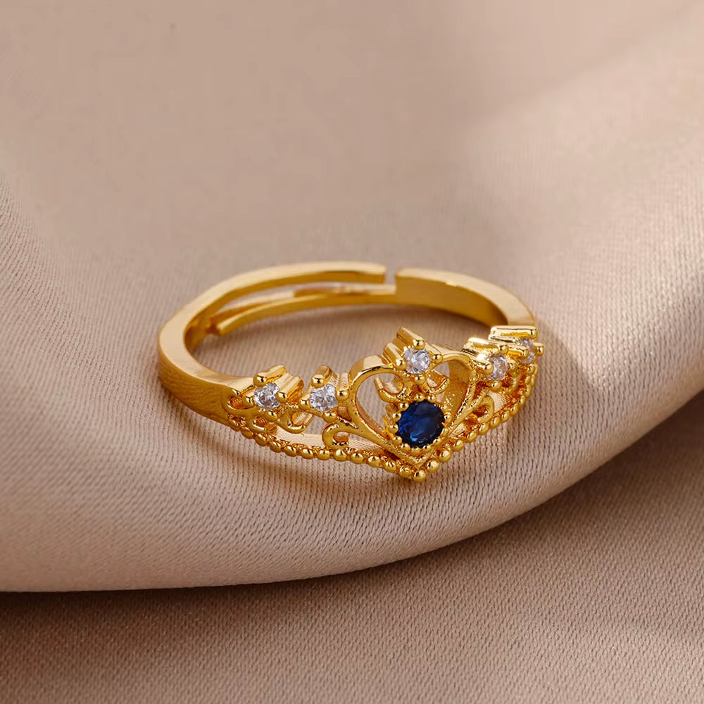 Blue Zircon Crown Rings for Women Stainless Steel Gold Color Adjustable Crown Ring 2025 Trend Design Female Wedding Jewerly Gift