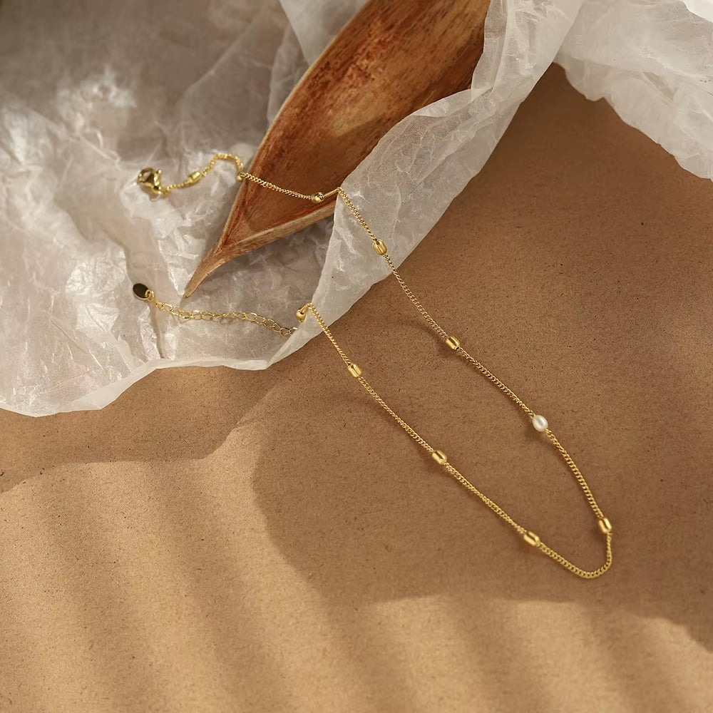Natural Freshwater Pearl Simple Rice Bead Necklace Clavicle Chain for Women Temperament Stainless Steel Plated 18K Gold Jewelry