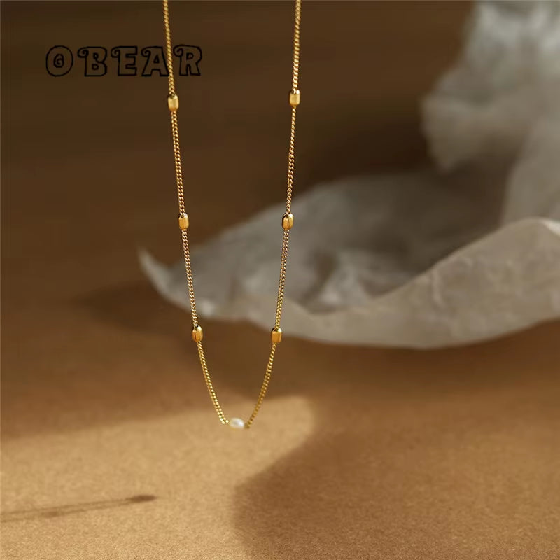 Natural Freshwater Pearl Simple Rice Bead Necklace Clavicle Chain for Women Temperament Stainless Steel Plated 18K Gold Jewelry