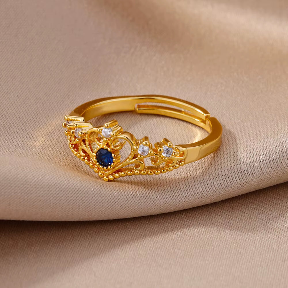 Blue Zircon Crown Rings for Women Stainless Steel Gold Color Adjustable Crown Ring 2025 Trend Design Female Wedding Jewerly Gift