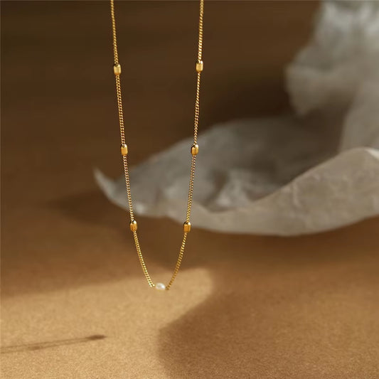 Natural Freshwater Pearl Simple Rice Bead Necklace Clavicle Chain for Women Temperament Stainless Steel Plated 18K Gold Jewelry