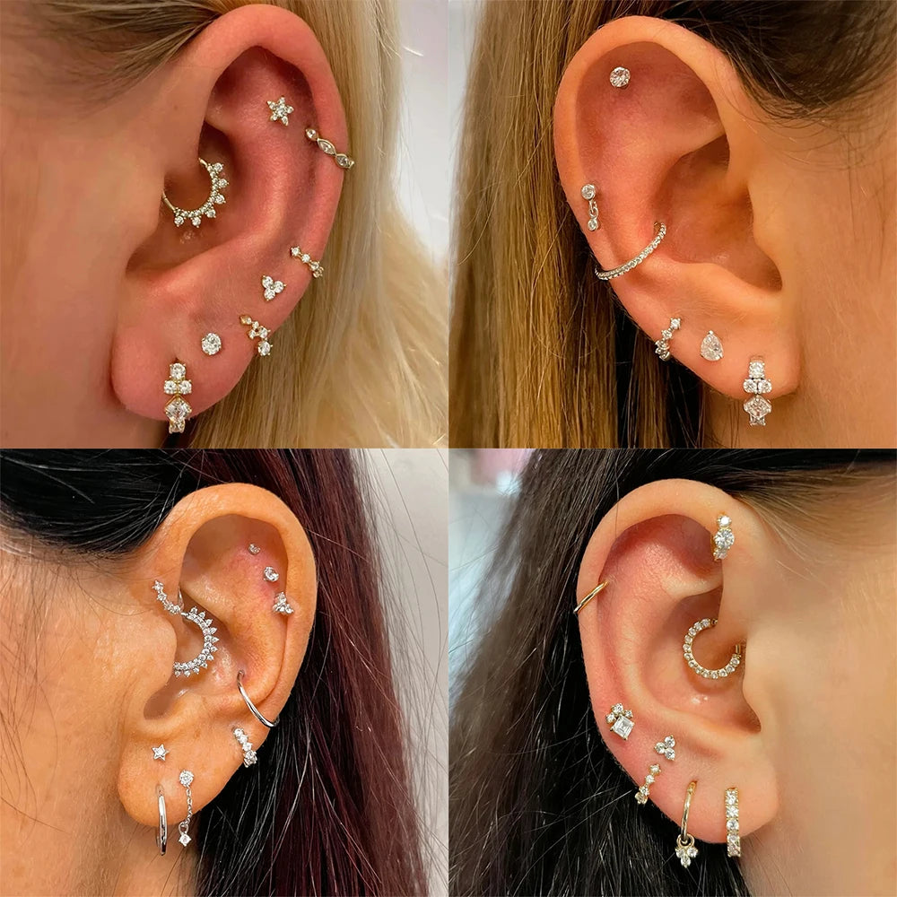 Piercing Aretes Earlobe Buckle 925 Sterling Silver White Zircon Cartilage Stud Earrings for Woman Girl Pendientes Mujer Jewerly